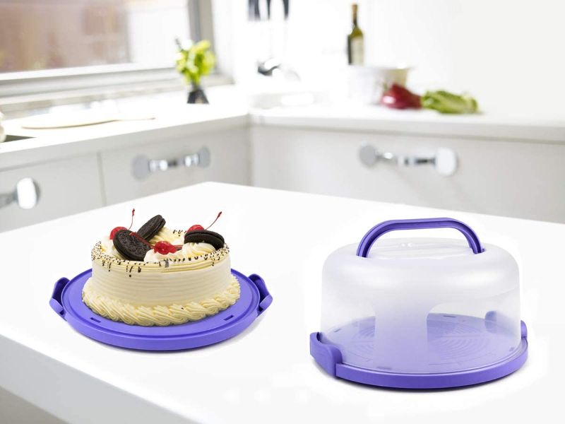 Photo 4 of Cake Carrier with Handle 10in Cake Stand Purple Cake Holder with Lid Round Cake Container for 10in or Less Size(Purple)