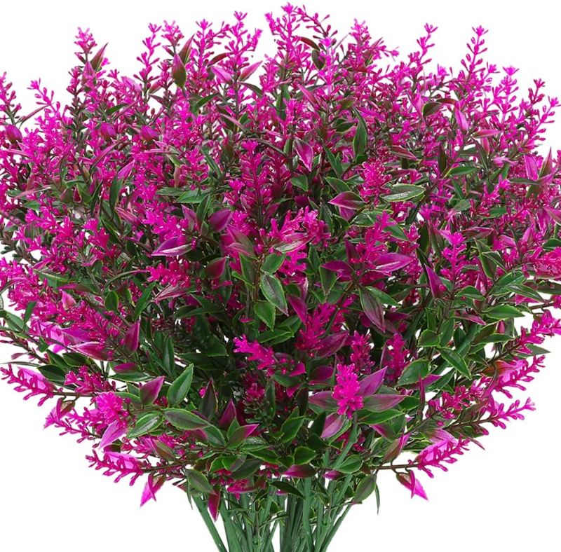 Photo 1 of KLEMOO Artificial Lavender Flowers Plants 8 Pieces, Lifelike UV Resistant Fake Shrubs Greenery Bushes Bouquet to Brighten up Your Home Kitchen Garden Indoor Outdoor Decor(Fuchsia)