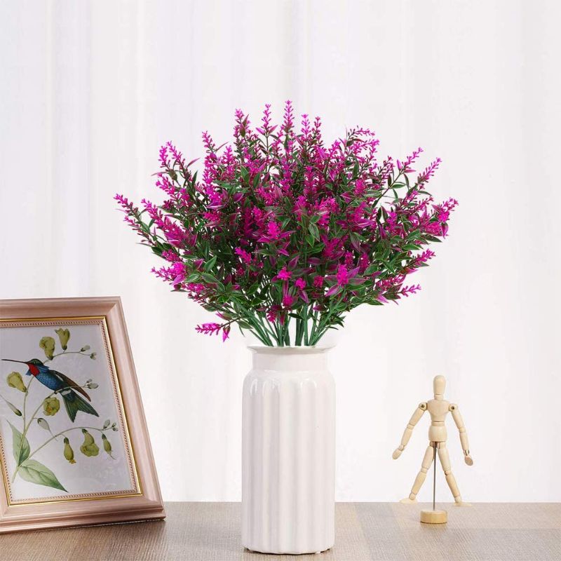 Photo 2 of KLEMOO Artificial Lavender Flowers Plants 8 Pieces, Lifelike UV Resistant Fake Shrubs Greenery Bushes Bouquet to Brighten up Your Home Kitchen Garden Indoor Outdoor Decor(Fuchsia)