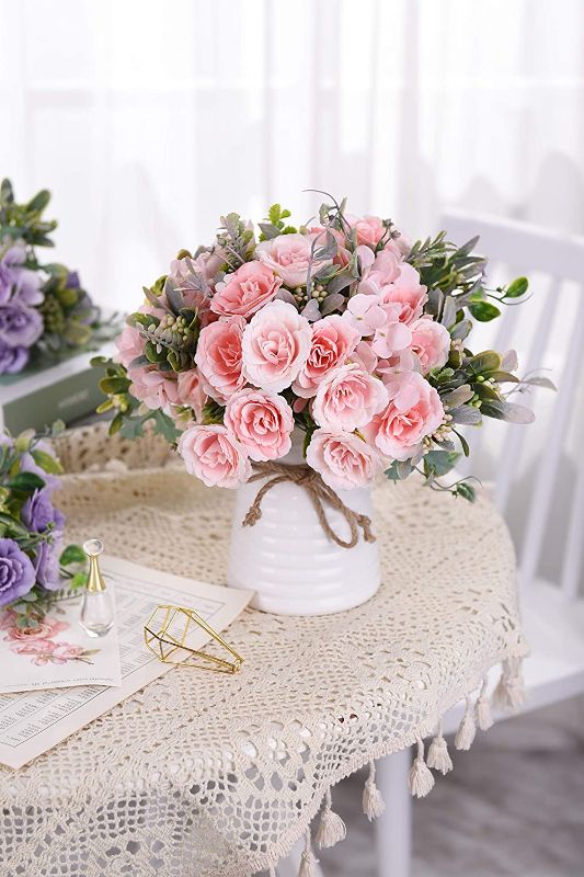Photo 3 of  Artificial Flowers with Vase Faux Flower Arrangements for Table Decor Table Centerpieces for Dining Room-Pink