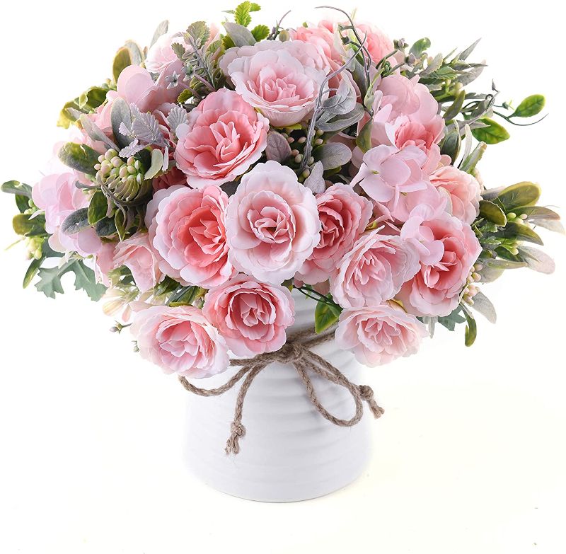 Photo 1 of  Artificial Flowers with Vase Faux Flower Arrangements for Table Decor Table Centerpieces for Dining Room-Pink