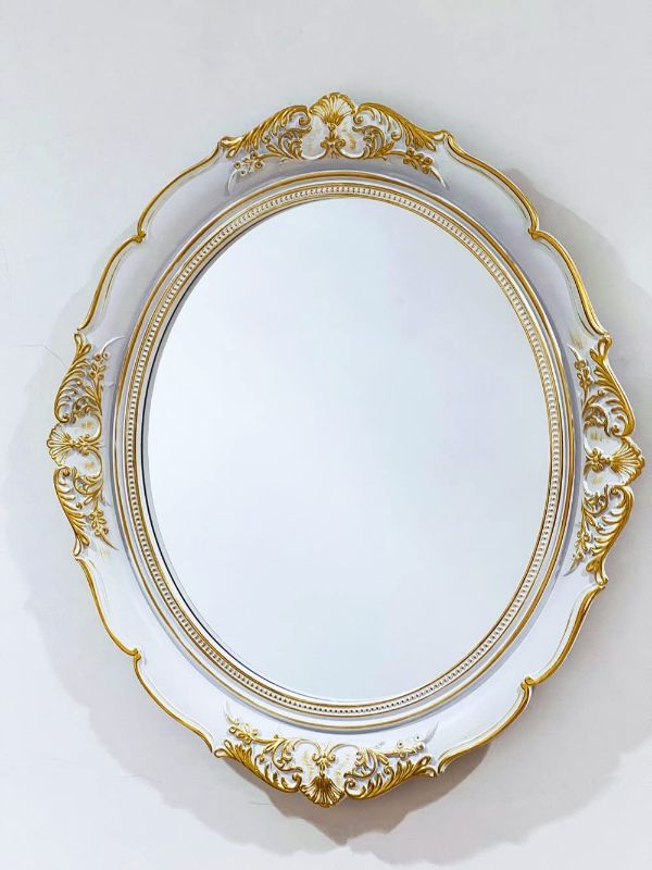 Photo 1 of Decorative Wall Mirror, Vintage Hanging Mirror for Dresser Decor Bedroom Living-Room, Oval Organizer Mirror Tray, 14.8'' L x 13'' W (White)