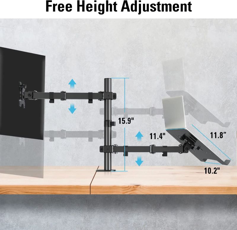 Photo 2 of MOUNTUP Monitor Mount with Laptop Tray, Single Monitor Arm for 13-27 Inch Computer Screen, Laptop Mount for Max 17" Notebook, Desk Monitor Mount with C-Clamp and Grommet Base, up to 17.6lbs, Black Dual Monitor