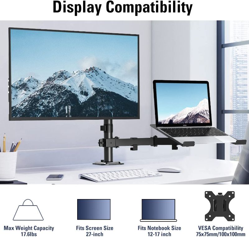 Photo 4 of MOUNTUP Monitor Mount with Laptop Tray, Single Monitor Arm for 13-27 Inch Computer Screen, Laptop Mount for Max 17" Notebook, Desk Monitor Mount with C-Clamp and Grommet Base, up to 17.6lbs, Black Dual Monitor