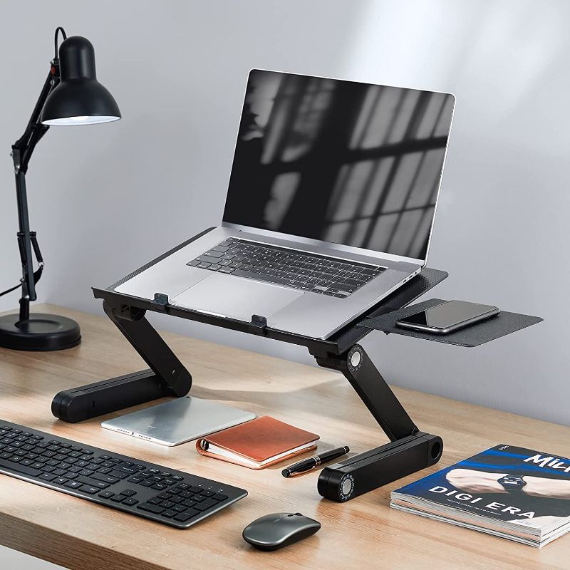 Photo 4 of HUANUO Adjustable Laptop Stand, Laptop Desk  Portable Laptop Table Stand with 2 CPU Fans, Detachable Mouse Pad, Ergonomic Lap Desk for Laptop, TV Bed Tray, Standing Desk