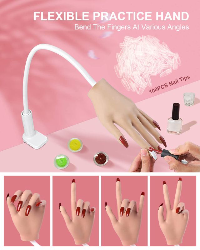 Photo 2 of Practice Hand for Acrylic Nails, Spohom Professional Nail Hand Practice Kit Full Set Flexible Movable Fake Nail Practice Hands Training Kits with 100pcs Nail Tips Never Fall Off Nail Hand Practice