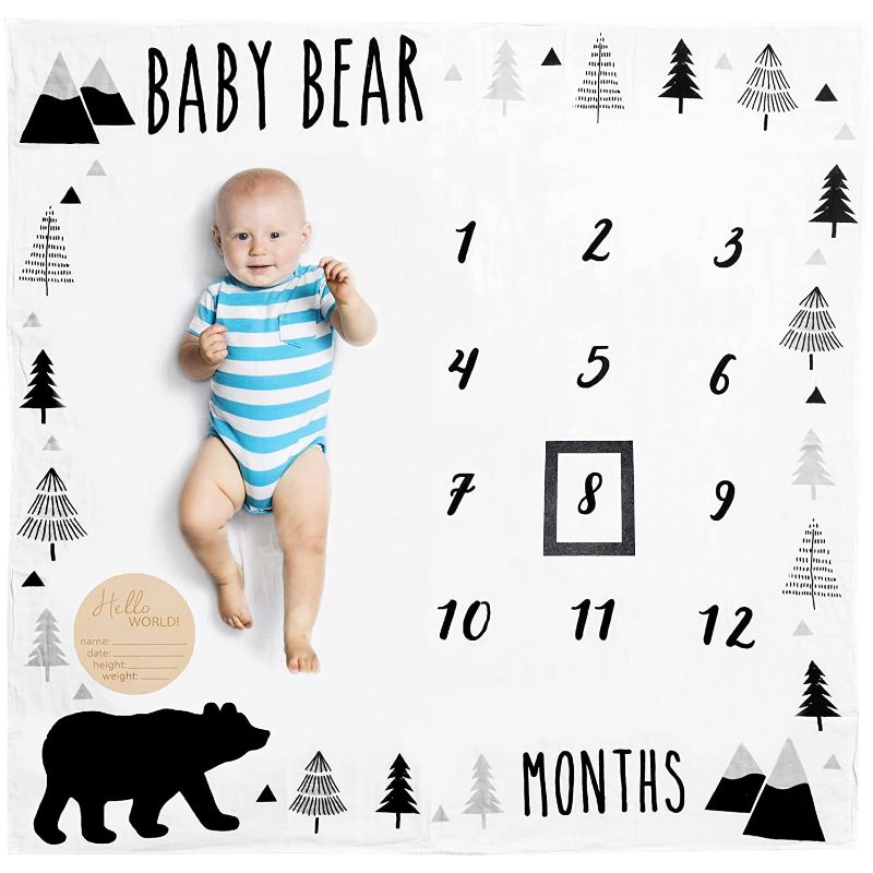 Photo 1 of Pondering Pine Organic Baby Monthly Milestone Blanket Boy - Baby Bear Blanket Months with Frame and Newborn Announcement Disc - Baby Boy Age Blanket for 1-12 Month Milestones, 47”x47”