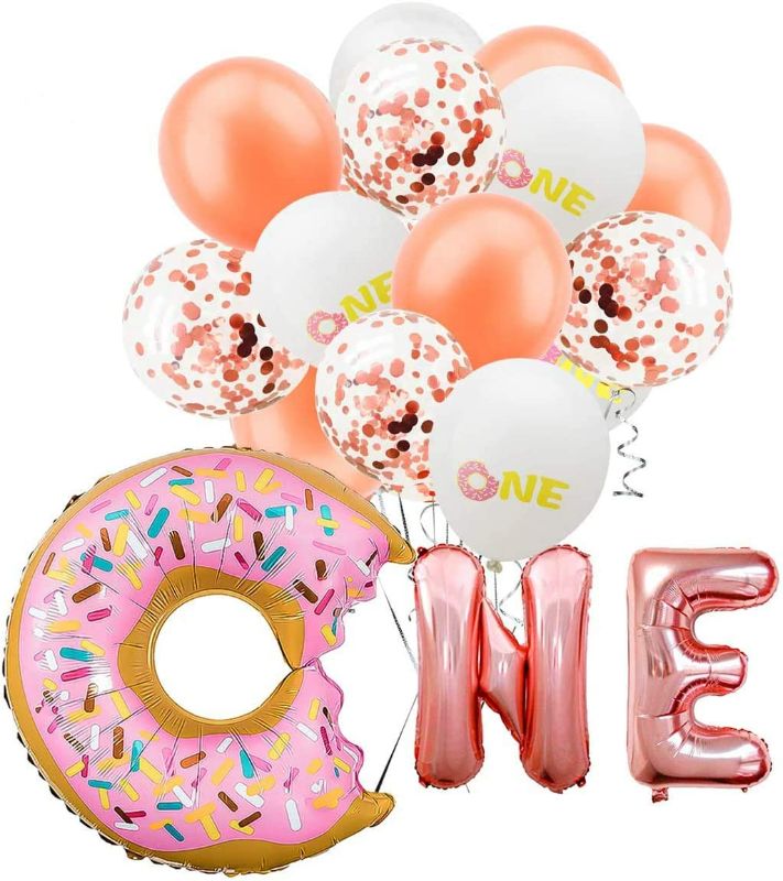Photo 1 of Donut Balloon Kit - 26Pcs - First Birthday Party Decorations - Donut One Foil Letter Balloons | 7Rose Gold Balloon | 7Rose Gold Confetti Balloon | 7ONE...