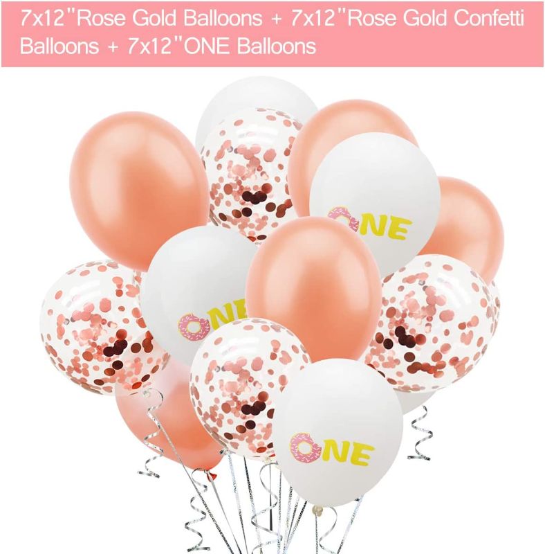 Photo 2 of Donut Balloon Kit - 26Pcs - First Birthday Party Decorations - Donut One Foil Letter Balloons | 7Rose Gold Balloon | 7Rose Gold Confetti Balloon | 7ONE...