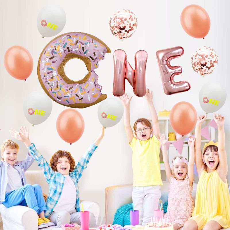 Photo 5 of Donut Balloon Kit - 26Pcs - First Birthday Party Decorations - Donut One Foil Letter Balloons | 7Rose Gold Balloon | 7Rose Gold Confetti Balloon | 7ONE...