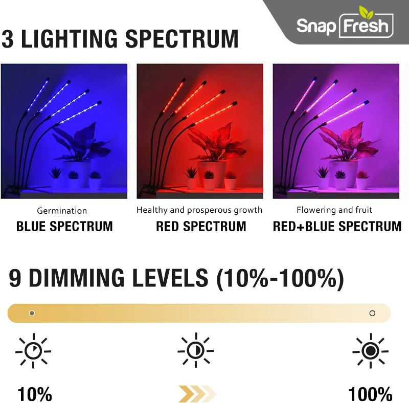 Photo 2 of SnapFresh Grow Light for Indoor Plants 4 Head LED Grow Light 360°Gooseneck Growing Lamp Strip w/ 3 Modes 9 Dimmable Brightness 3/9/12 H Timer, Red Blue White Floor Grow Lamp for Weed Plants