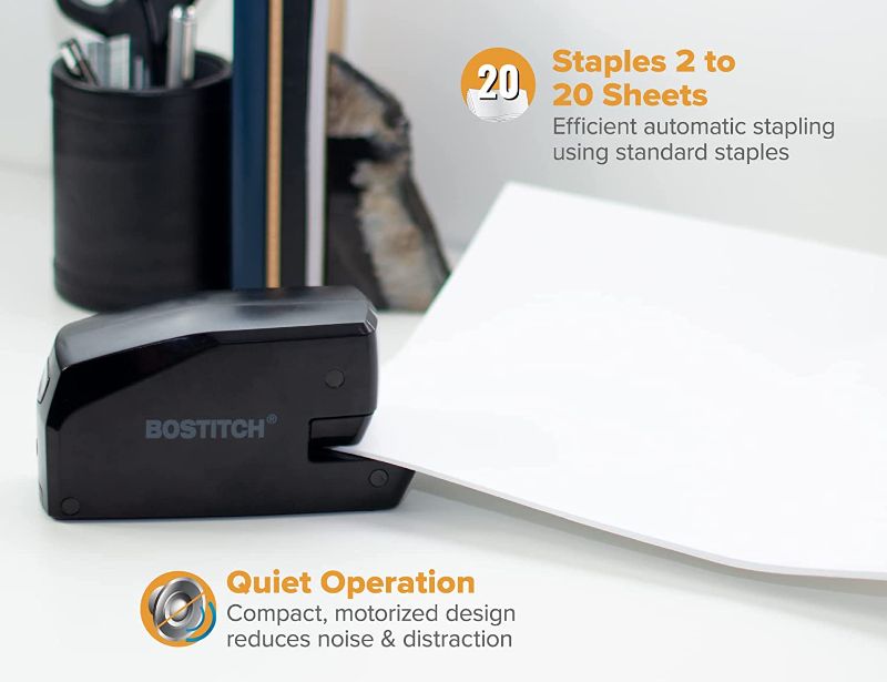 Photo 3 of Bostitch Office Portable Electric Stapler, 20 Sheets, AC or Battery Powered, Black (MDS20-BLK)