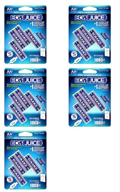 Photo 1 of 5 PACKS OF 4 ECO JUICE AAA RECHARGEABLE BATTERIES MICRO USB NIMH UNIVERSAL ECOFRIENDLY 1000X RECHARGEABLE BY ECO JUICE MICRO USB 4 PIECE PRECHARGED 
NEW IN BOX
$75