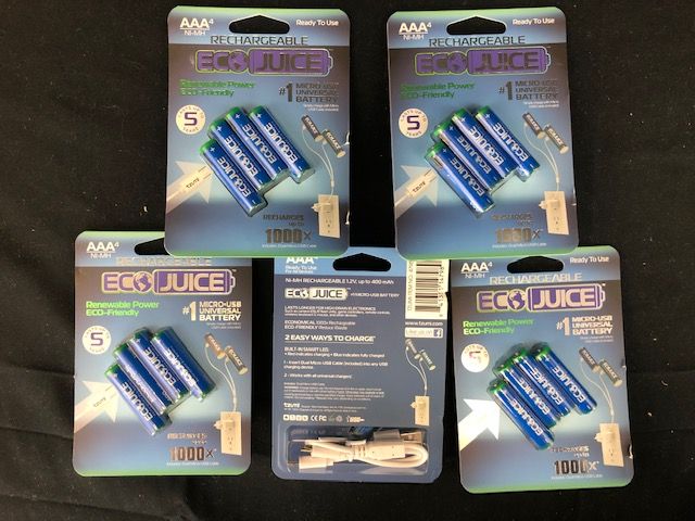 Photo 2 of 5 PACKS OF 4 ECO JUICE AAA RECHARGEABLE BATTERIES MICRO USB NIMH UNIVERSAL ECOFRIENDLY 1000X RECHARGEABLE BY ECO JUICE MICRO USB 4 PIECE PRECHARGED 
NEW IN BOX
$75