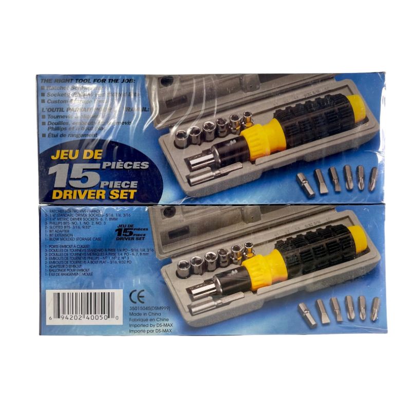 Photo 1 of 2 PACK 15 PIECE TOOL KIT 1 RATCHET SCREWDRIVER HANDLE 3 STANDARD DRIVER SOCKETS 3 METRIC DRIVER SOCKETS 3 PHILLIPS BITS 1-3 2 SLOTTED BOLTS 1 BIT ADAPTER1 BIT EXTENSION 1 BLOW MOLDED STORAGE CASE EACH
NEW  $31.98