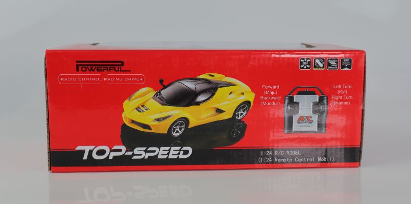 Photo 1 of TOP SPEED RC TOY CAR FAUX FERRARI VEHICLE BUTTERFLY DOORS OPEN REMOTE OPERATED SPEED 10KM/H YELLOW 5 AA BATTERIES NOT INCLUDED NEW $45