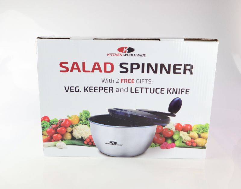 Photo 2 of WORLDWIDE STAINLESS STEEL SALAD SPINNER INCLUDES STAINING BOWL SPIN LID CONTAINER AND SALAD KNIFE NEW IN BOX $49.99