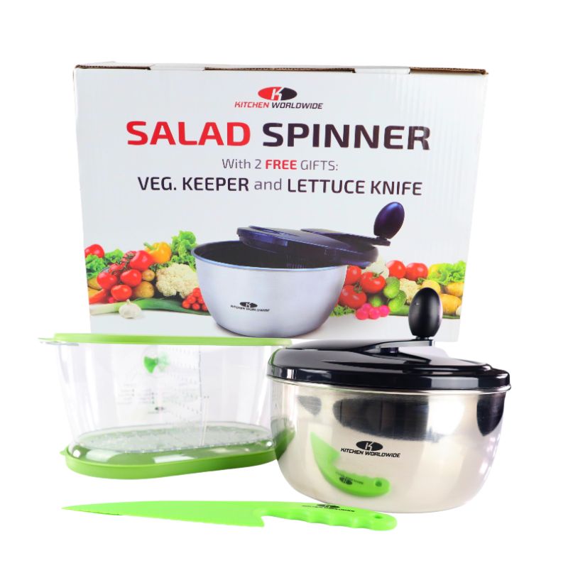 Photo 1 of WORLDWIDE STAINLESS STEEL SALAD SPINNER INCLUDES STAINING BOWL SPIN LID CONTAINER AND SALAD KNIFE NEW IN BOX $49.99