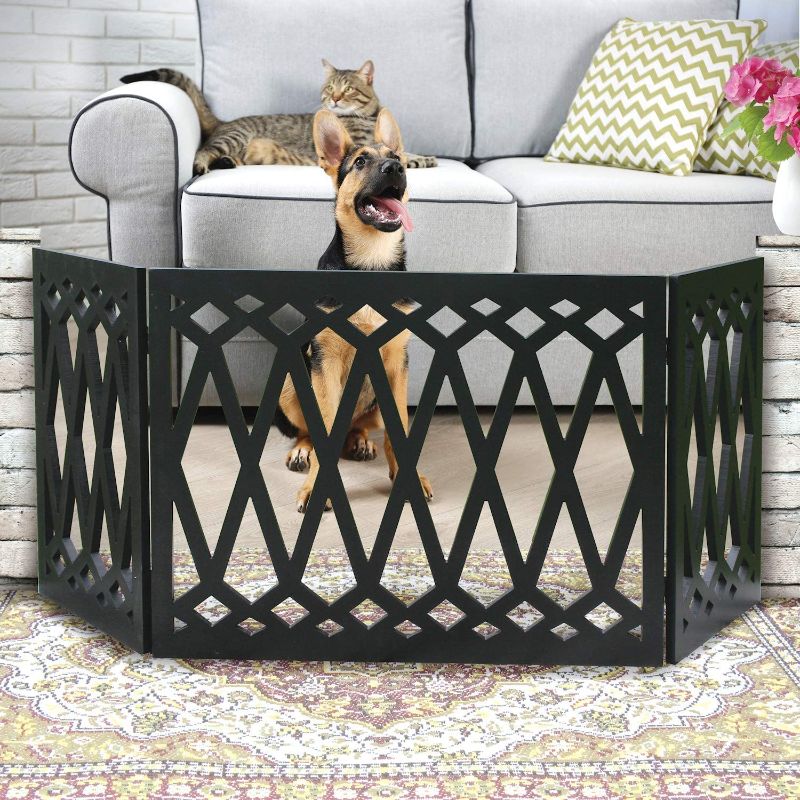 Photo 1 of  3 PANEL DIAMOND DESIGN WOODEN PET GATE 48IN WIDE X 19IN TALL FOLDS UP EASY FOR STORAGE NEW $42.99