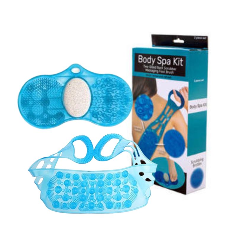 Photo 1 of BODY SPA KIT TWO SIDED BACK MASSAGER AND FOOT BRUSH WITH PUMICE STONE CLEANS AND STIMULATES CIRCULATION WORKS WET OR DRY  BOX HAS DAMAGED DUE TO SHIPMENT NEW $15.99