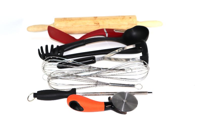 Photo 1 of VARIETY UTENSIL SET 1 ROLLING PIN 1 SPATULA 1 LADDLE 1 PASTA SPOON 1 POTATO MASHER 3 WHISKS 1 PIZZA CUTTER NEW $34.98