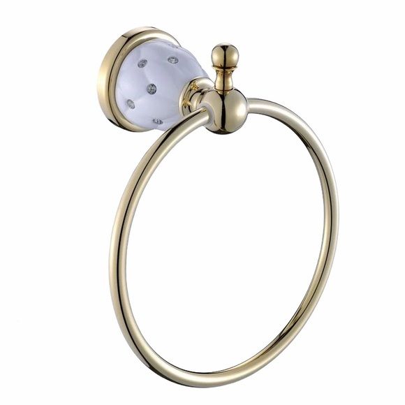 Photo 1 of FORLA TOWEL RING WHITE AND GOLD WITH CRYSTAL BRASS MOUNT NEW $42.00