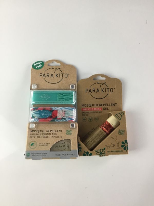 Photo 1 of PARAKITO MOSQUITO REPELLENT WRIST BANDS PACK OF 2 WITH 2 REFILL PELLETS PLUS PARAKITO MOSQUITO ROLL ON GEL .67 OZ NEW IN PACKAGE $19.5
