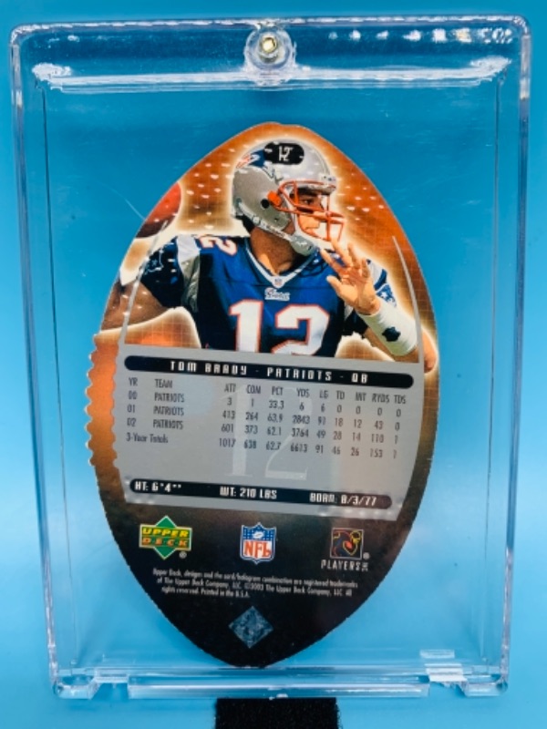 Photo 2 of 2003 upper deck Tom  Brady standing o die cut card in hard plastic case 