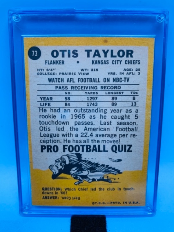 Photo 2 of 1967 Otis Taylor Pro football quiz card 73 in hard plastic case