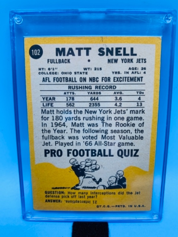 Photo 2 of 1967 Matt snell  pro football quiz card 102 in hard plastic case 