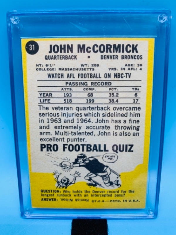Photo 2 of 1967 John McCormick Pro football quiz card 31 in hard plastic case