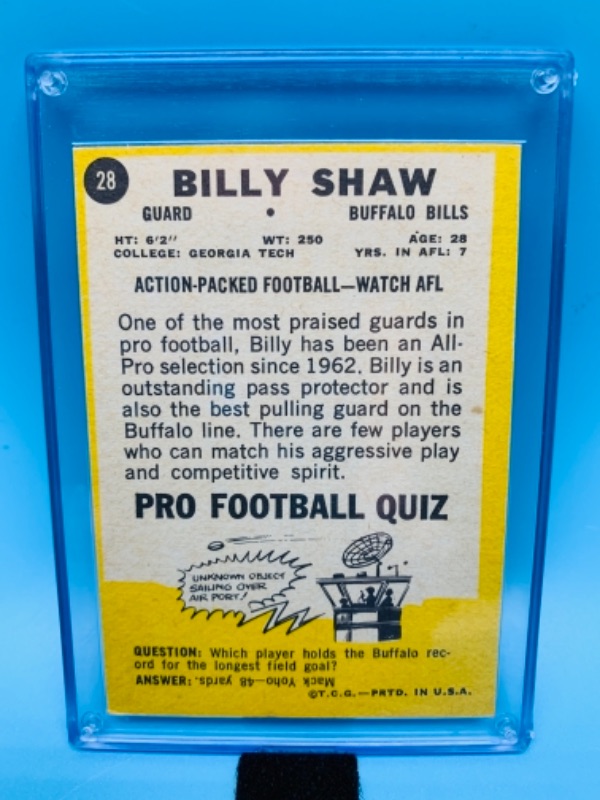 Photo 2 of 1967 billy Shaw Pro football quiz card 28 in hard plastic case