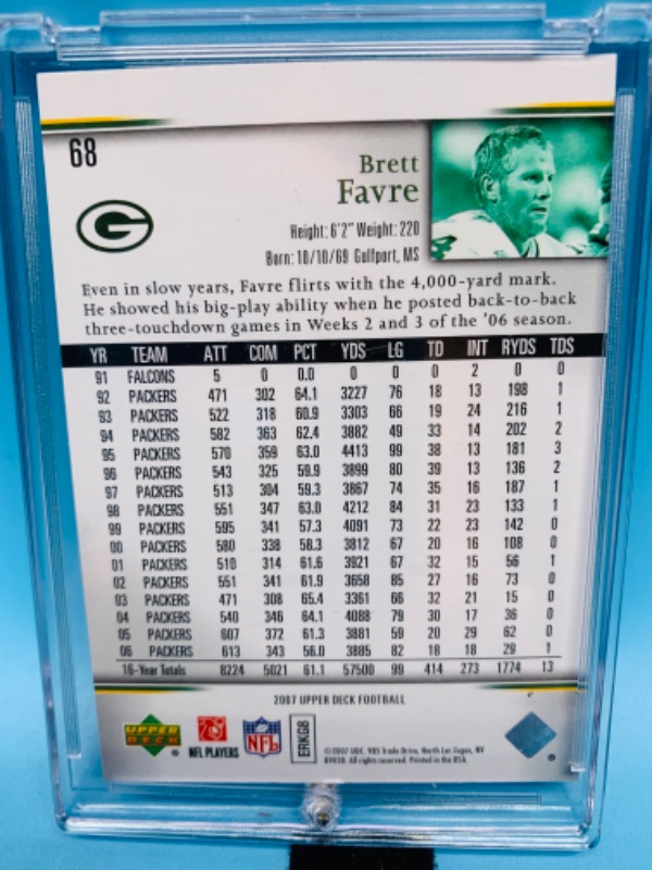 Photo 2 of 766108…2007 upper deck Brett Favre card 68 in hard plastic case