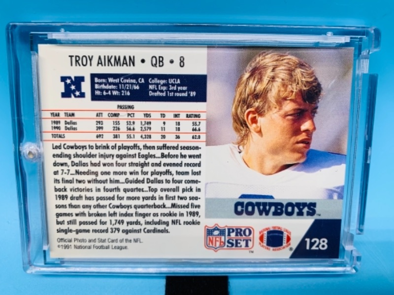 Photo 2 of 1991 Troy Aikman card 128 in hard plastic case