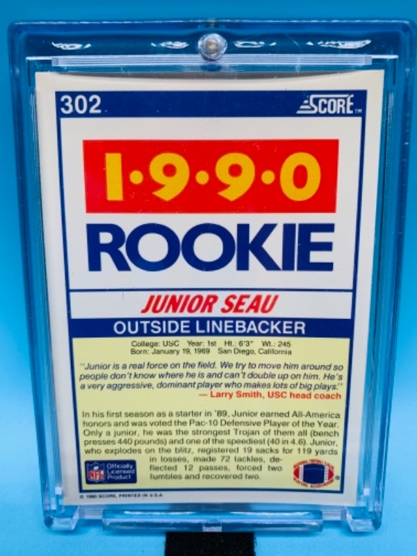 Photo 2 of 1990 score junior seau rookie card 302 in hard plastic case 