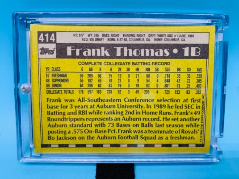 Photo 2 of 1990 topps Frank Thomas card 414 number 1  draft pick in hard plastic case