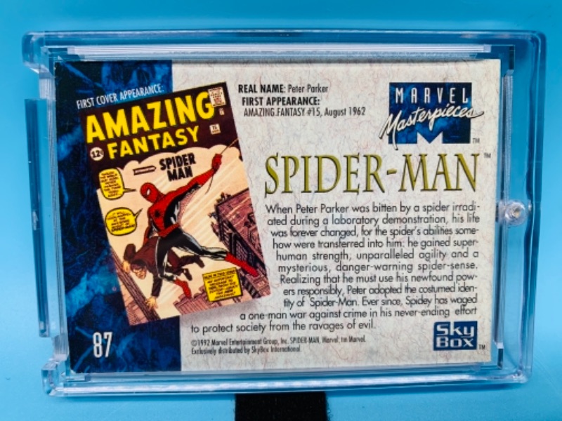 Photo 2 of 1992 Marvel masterpieces Spiderman card 87 in hard plastic case