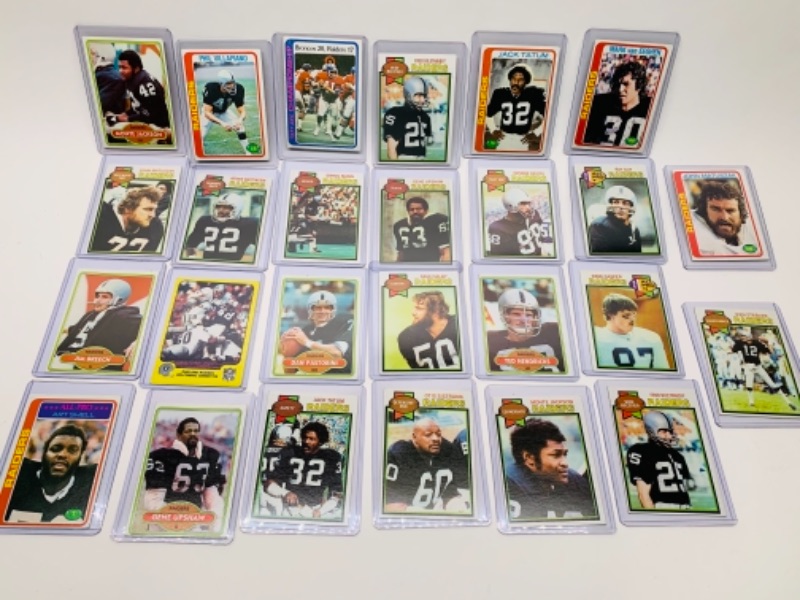 Photo 1 of 26 vintage raiders football trading cards in hard plastic sleeves