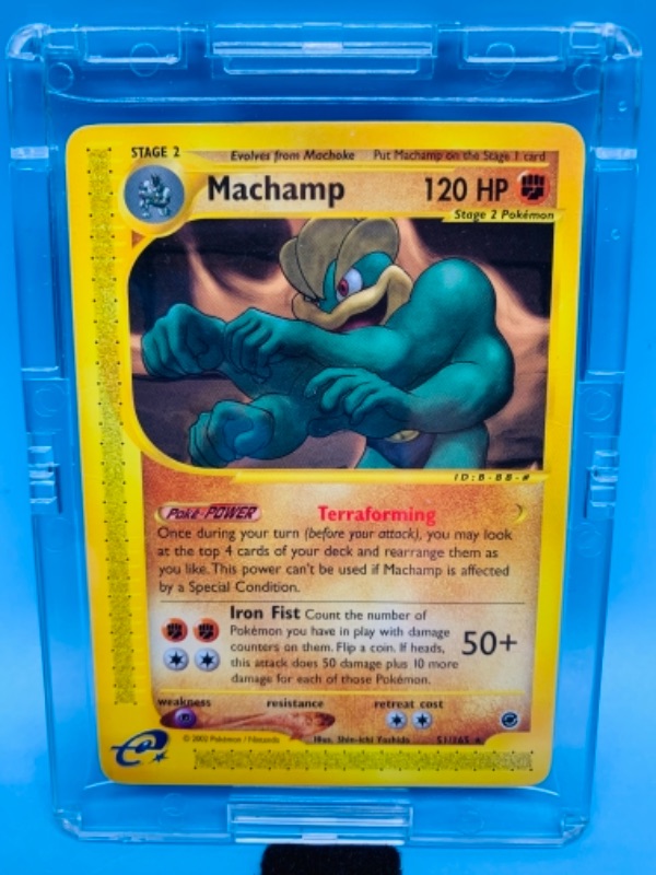 Photo 1 of Pokémon machamp 51/165 stage 2 card in hard plastic case 