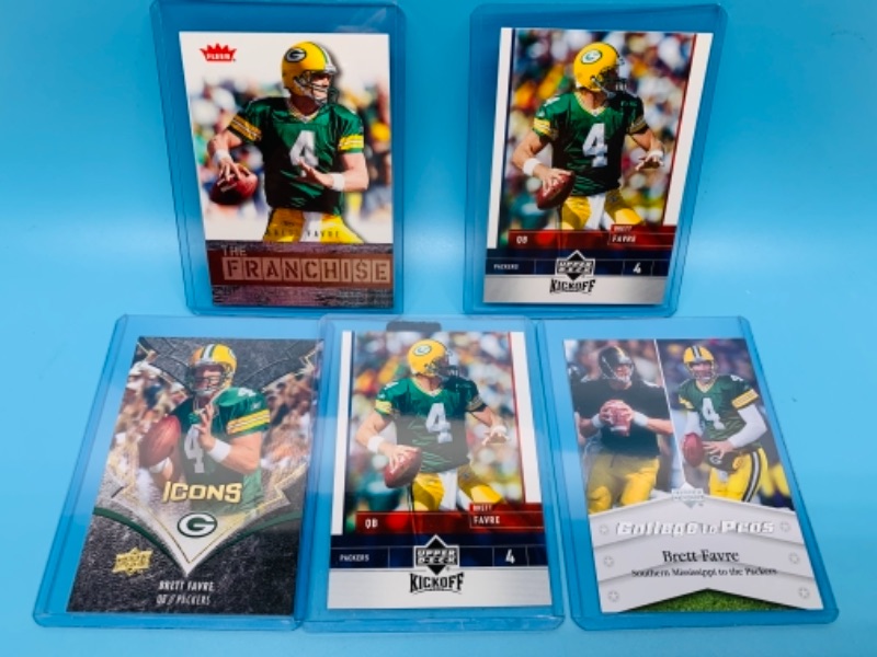 Photo 1 of 5 Brett Favre trading cards in hard plastic sleeves