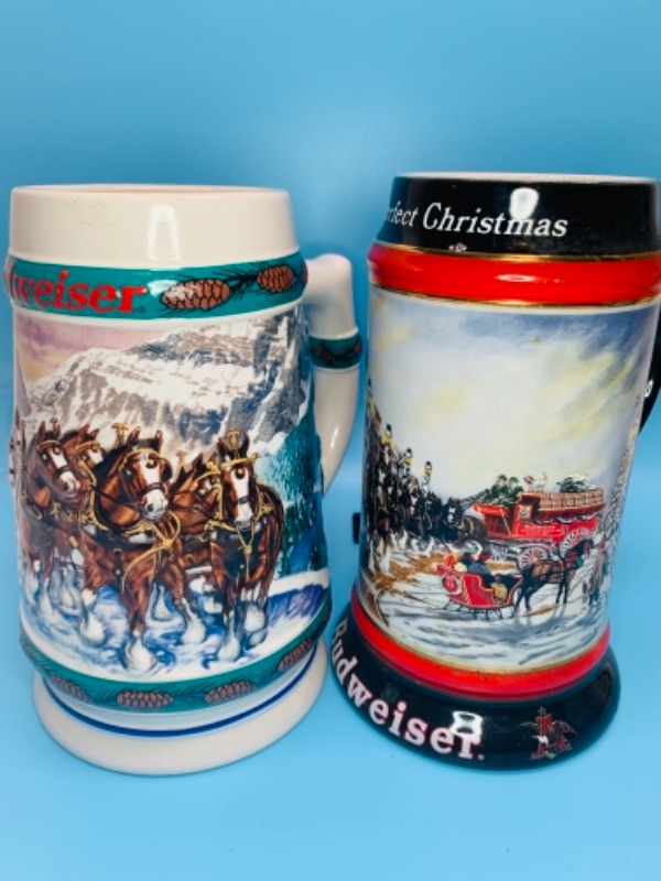 Photo 2 of Two 7 inch vintage Budweiser Christmas Steins