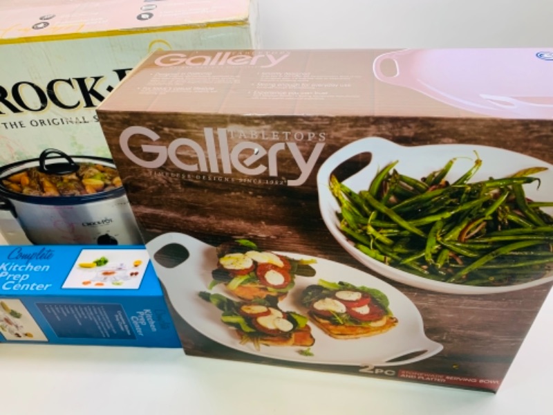 Photo 2 of Unused crock pot, serving bowl and platter, kitchen prep center in boxes 