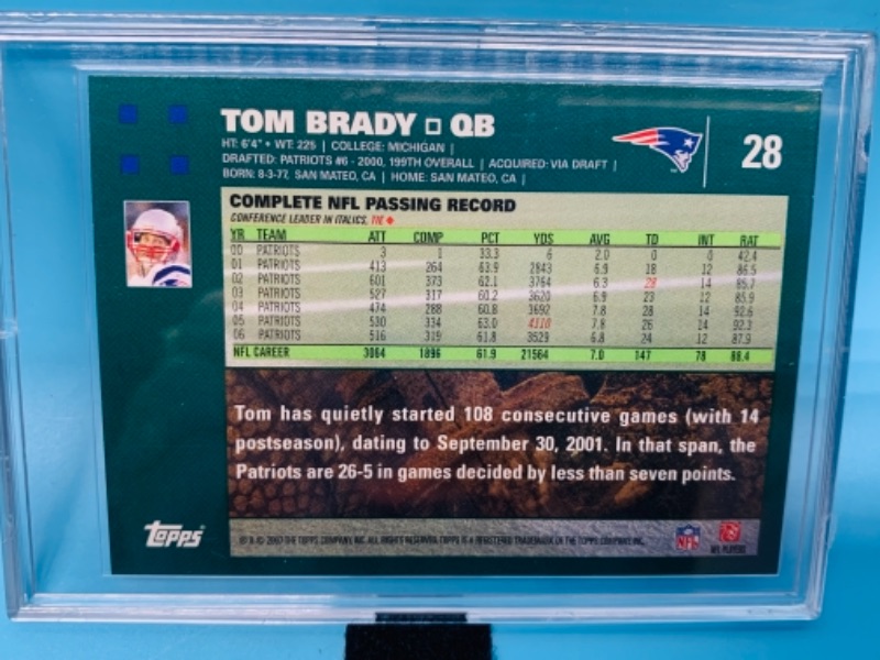 Photo 2 of 766222…2007 topps Tom Brady card 28 in hard plastic case 