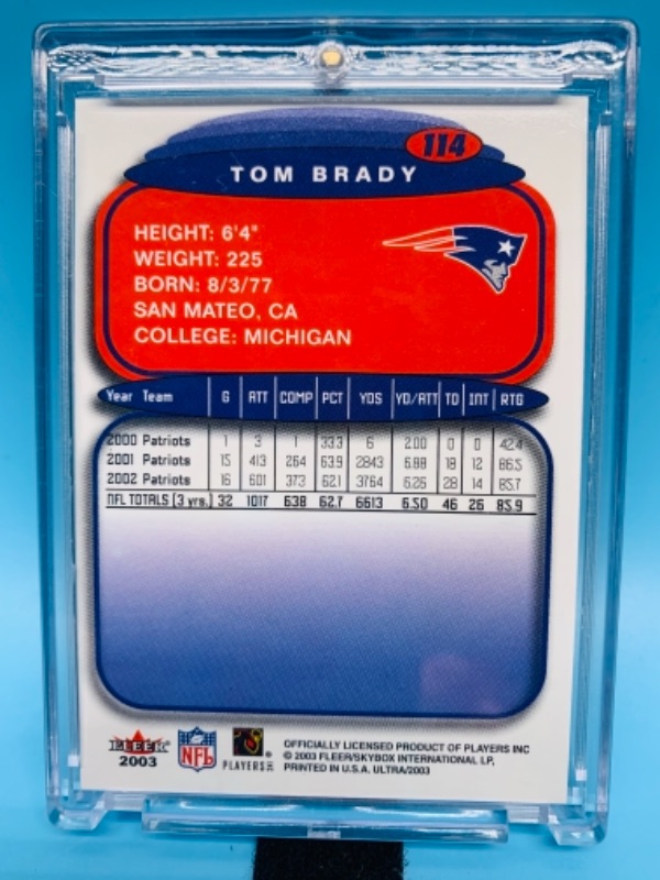 Photo 2 of 2003 fleer ultra Tom Brady card 114 in hard plastic case 