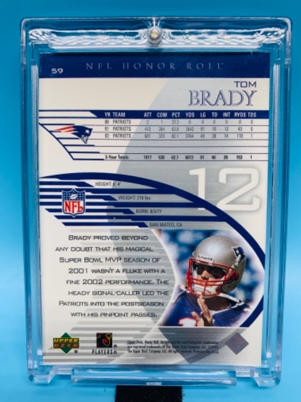 Photo 2 of 2003 upper deck Tom Brady honor roll card 59 in hard plastic case 