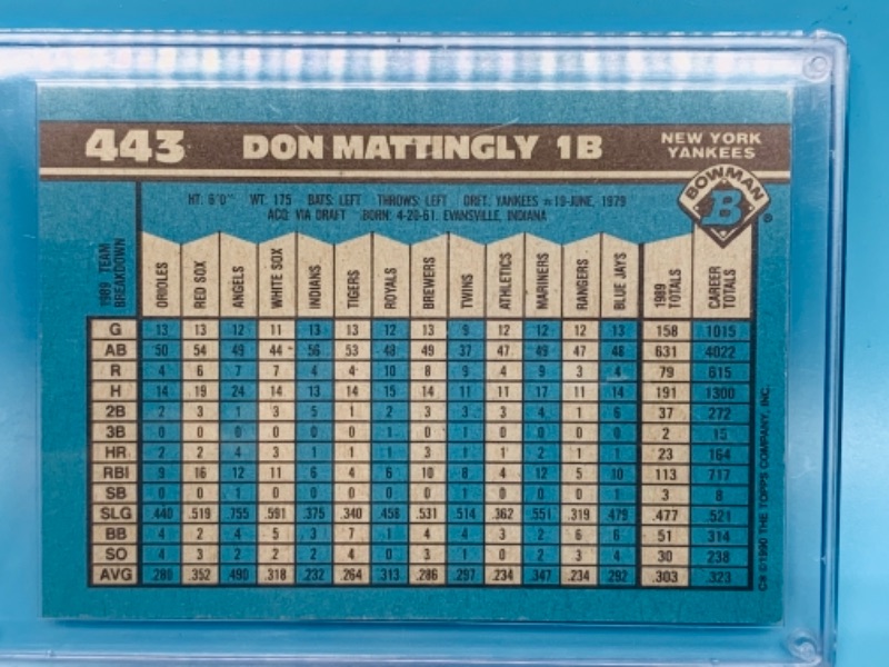 Photo 2 of 1990 topps Don Mattingly card 443 in hard plastic case 