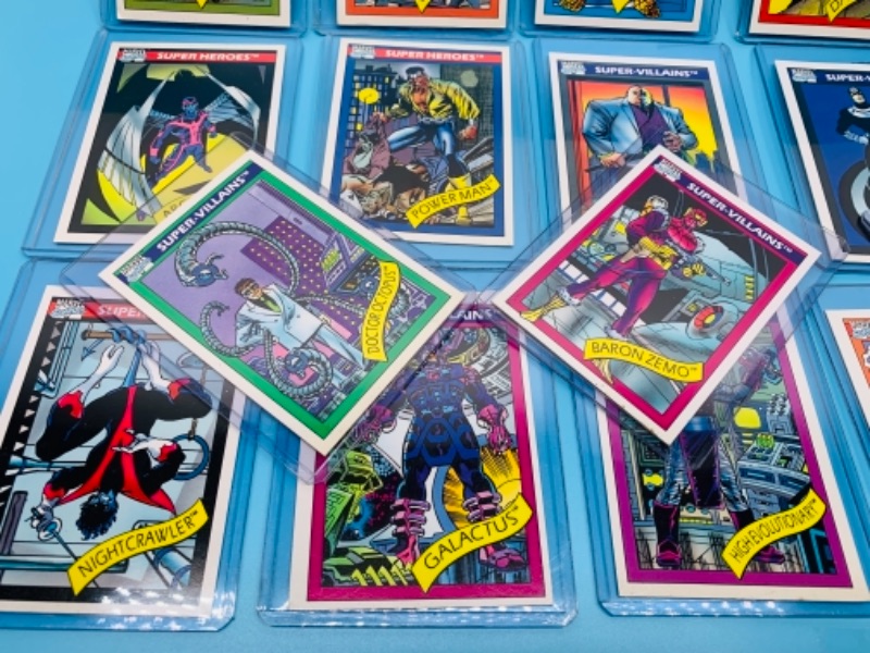 Photo 2 of 18 vintage 1990 Marvel super heroes and super villains trading cards in plastic sleeves