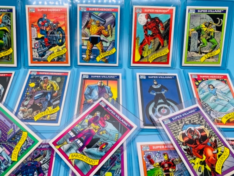 Photo 3 of 18 vintage 1990 Marvel super heroes and super villains trading cards in plastic sleeves