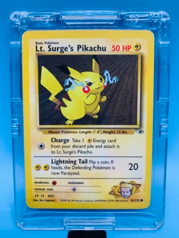 Photo 1 of Pokémon lt.surge’s pikachu 81/132 card in hard plastic case 