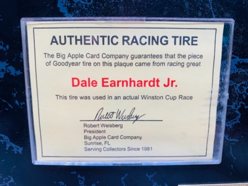 Photo 2 of Authentic Dale Earnhardt Jr. racing tire plaque. Tire used in actual wincing cup race